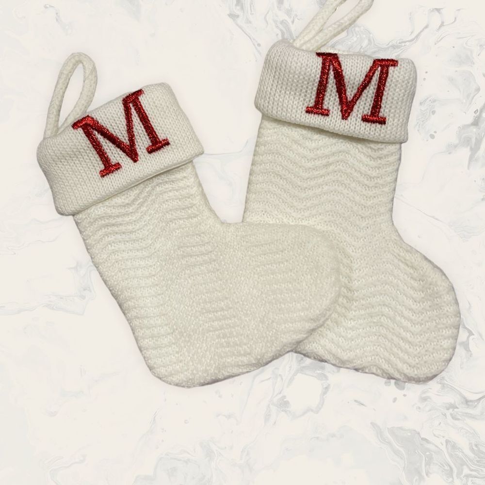 NWOT 2 Christmas Knit Mini Stocking Monogram Letter "M"  - Size 7"- White/Red